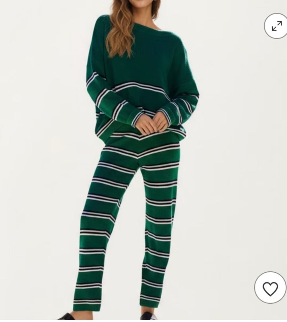 LILLUSORY Striped Knit Sweater Two Piece Lounge Set Green Wide Leg Pants XL